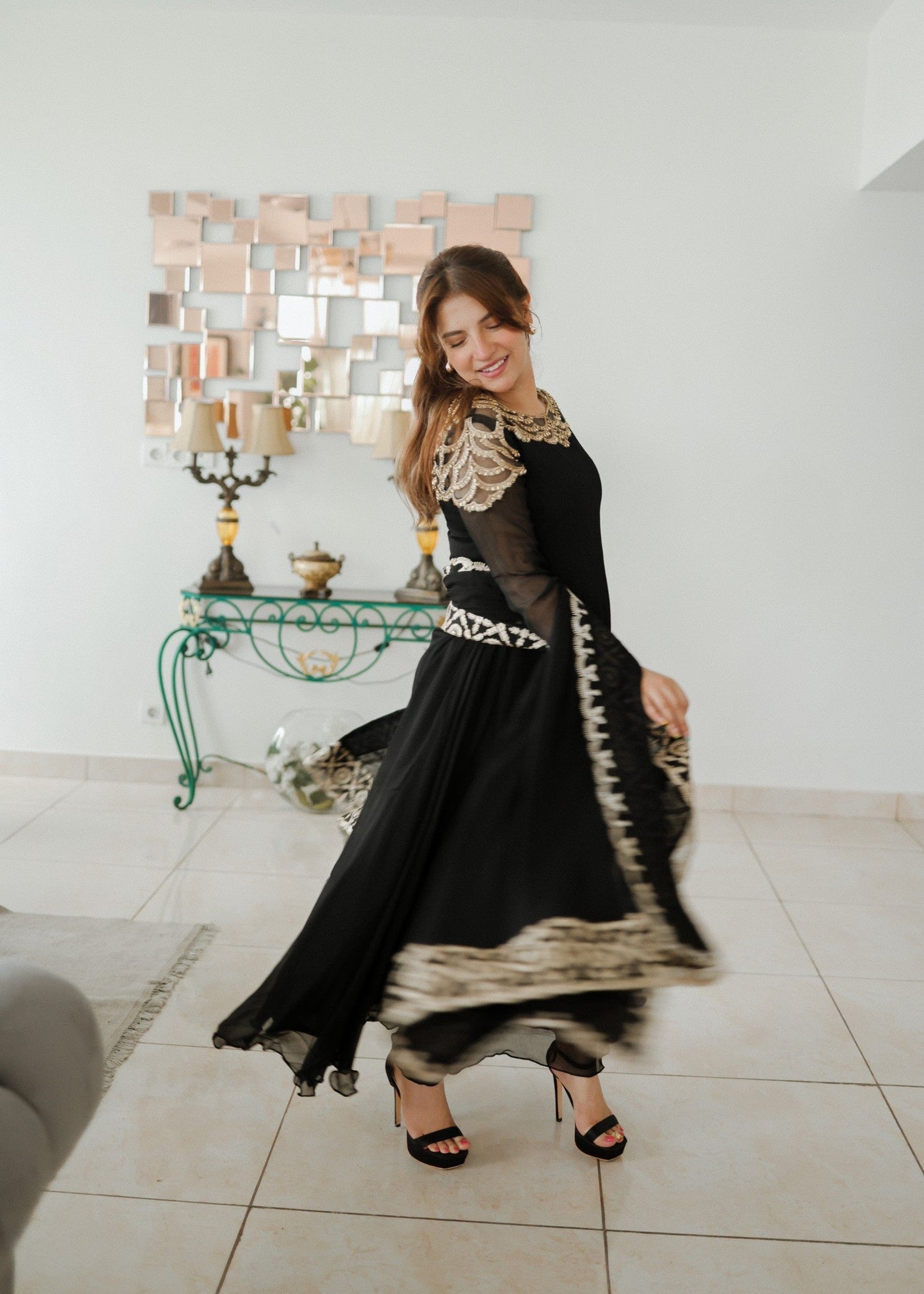 Black Stone Worked Bemberg Crinkle Chiffon Ladies Suit Online in Dubai UAE Abudhabi Ajman Sharjah