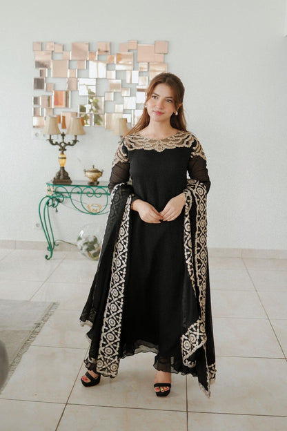 Black Stone Worked Bemberg Crinkle Chiffon Partywear Suit Online in Dubai UAE Abudhabi Ajman Sharjah
