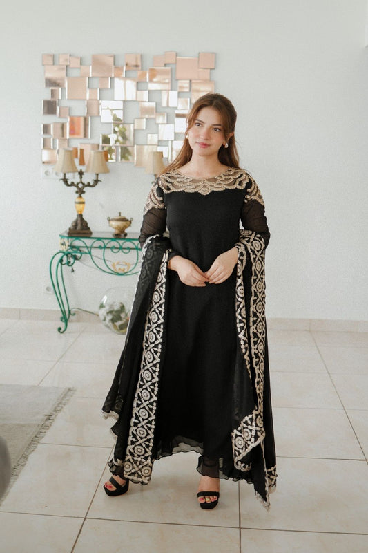 Black Stone Worked Bemberg Crinkle Chiffon Partywear Suit Online in Dubai UAE Abudhabi Ajman Sharjah