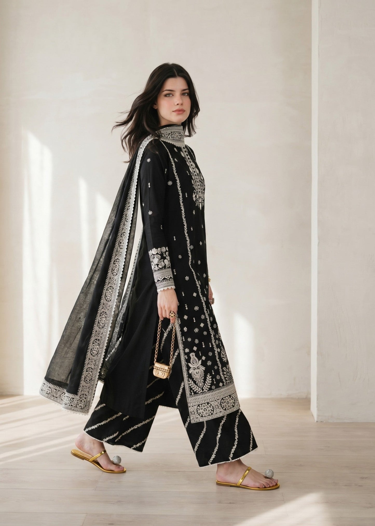 Black Straight Kurta Plazzo Dupatta Set Online in Sri Lanka India Australia