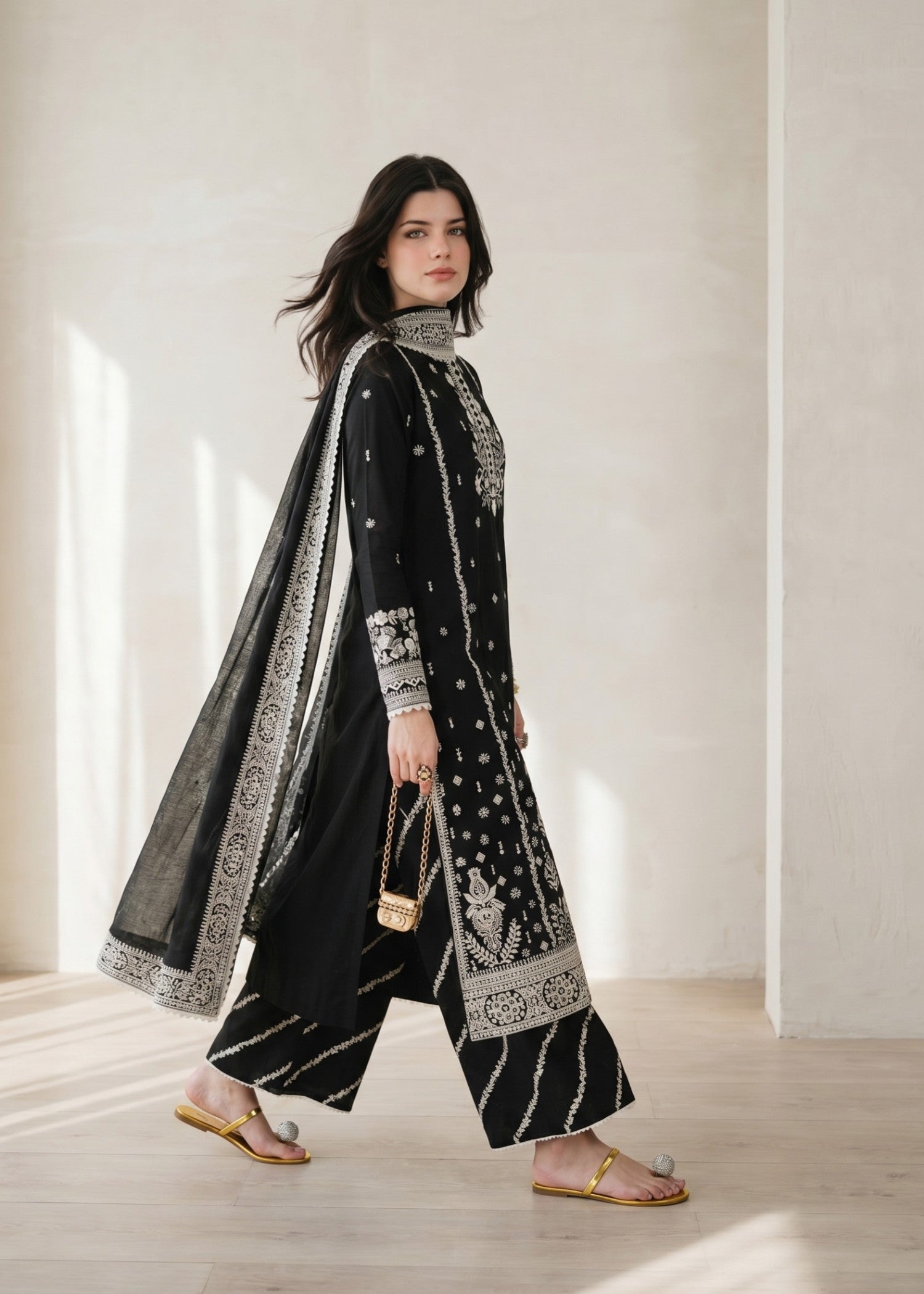 Black Straight Kurta Plazzo Dupatta Set Online in Sri Lanka India Australia