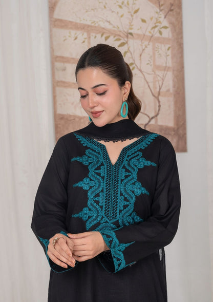 Black Teal Embroidered Lawn 3 Piece Suit Online in Dubai UAE Abudhabi Ajman Sharjah