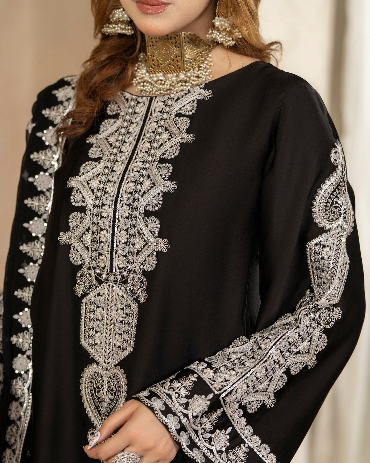 Black Thread Sequin Tilla Embroidered Shamoz Silk Shalwar Kameez Online in UK USA Canada