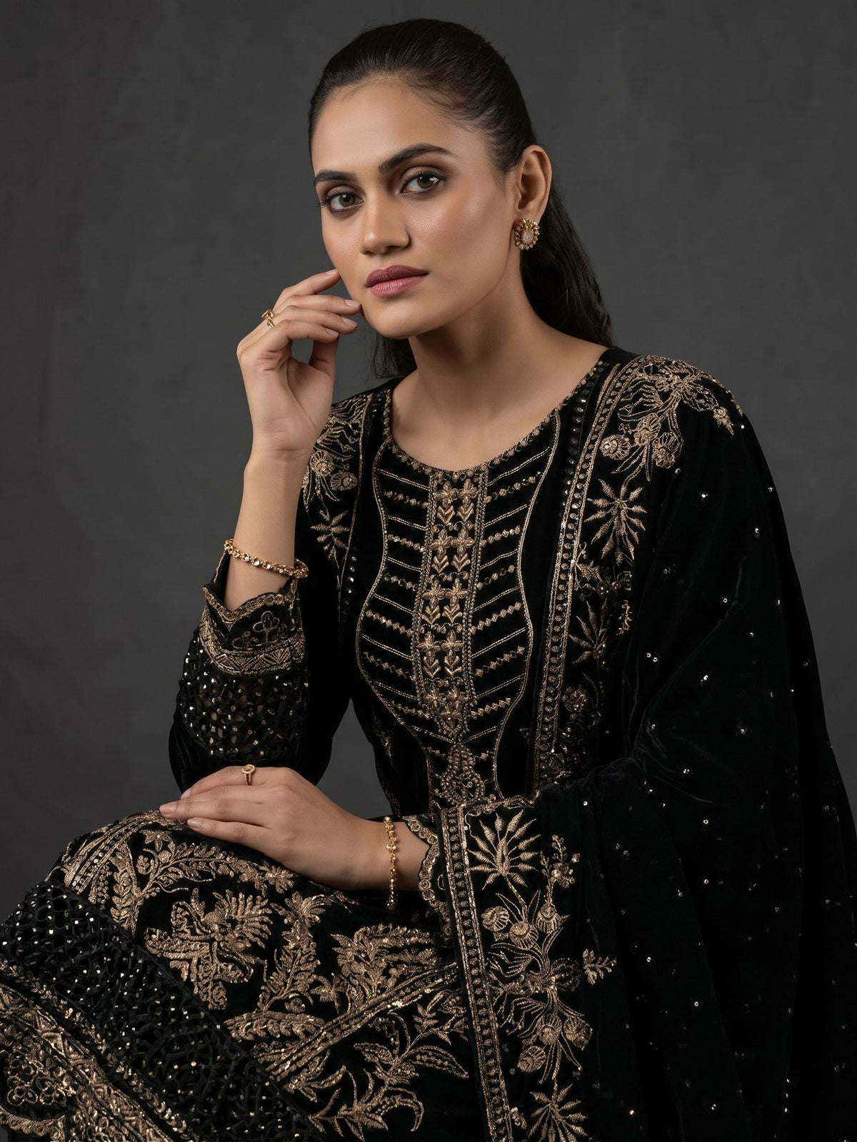 Black Velvet Designer Salwar Kameez 3PC Ready to Wear Online in UK USA Canada