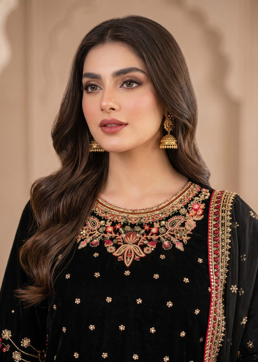 Black Velvet Embroidered Salwar Kameez Online in KSA Riyadh Saudi Arabia Oman Bahrain Qatar