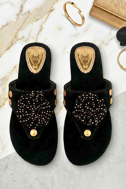 Black Velvet Gold Embellished Khussa Flats Online in Dubai UAE Abudhabi Ajman Sharjah
