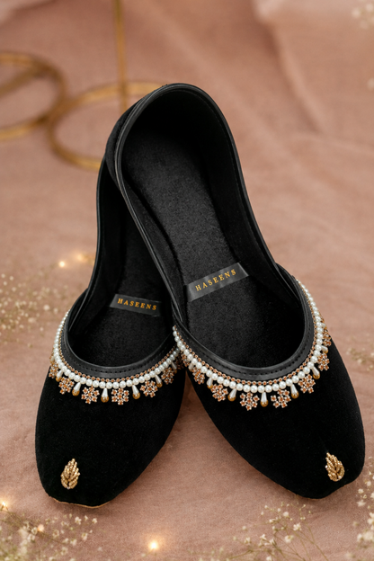 Black Velvet Pearl Embellished Khussa Online in Dubai UAE Abudhabi Ajman Sharjah