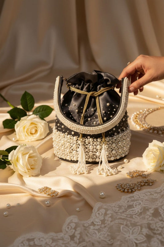 Black Velvet Pearl Potli Bag Online in Dubai UAE Abudhabi Ajman Sharjah