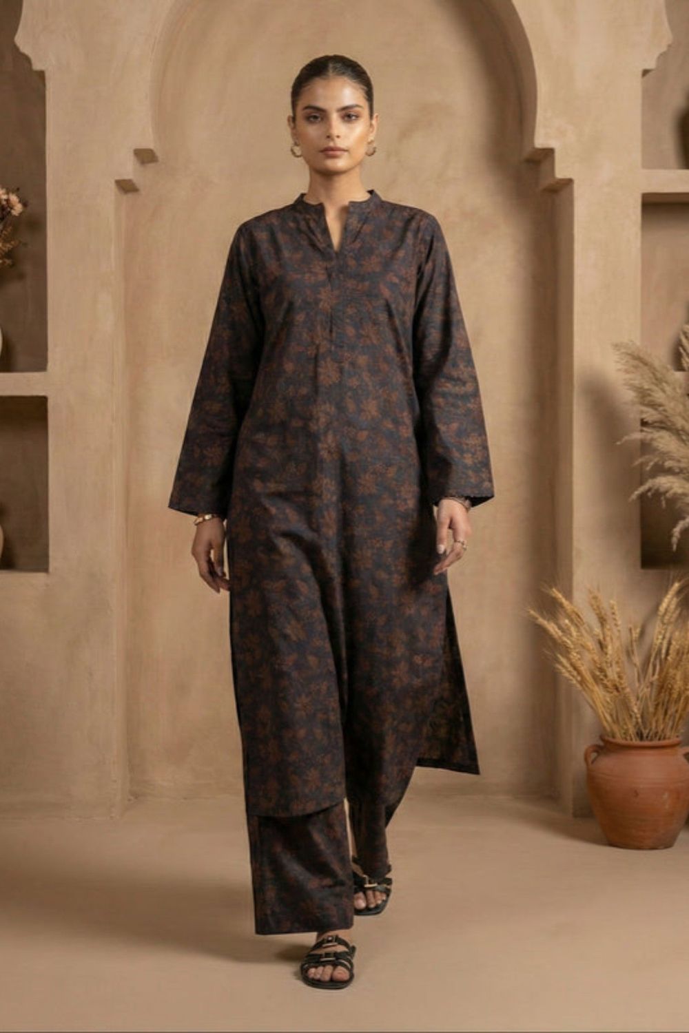 Black Viscose Straight Cut Kurta Set Online in Dubai UAE Abudhabi Ajman Sharjah