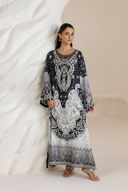 Black White Embroidered Raw Silk Kaftan Gown Online in Dubai UAE Abudhabi Ajman Sharjah
