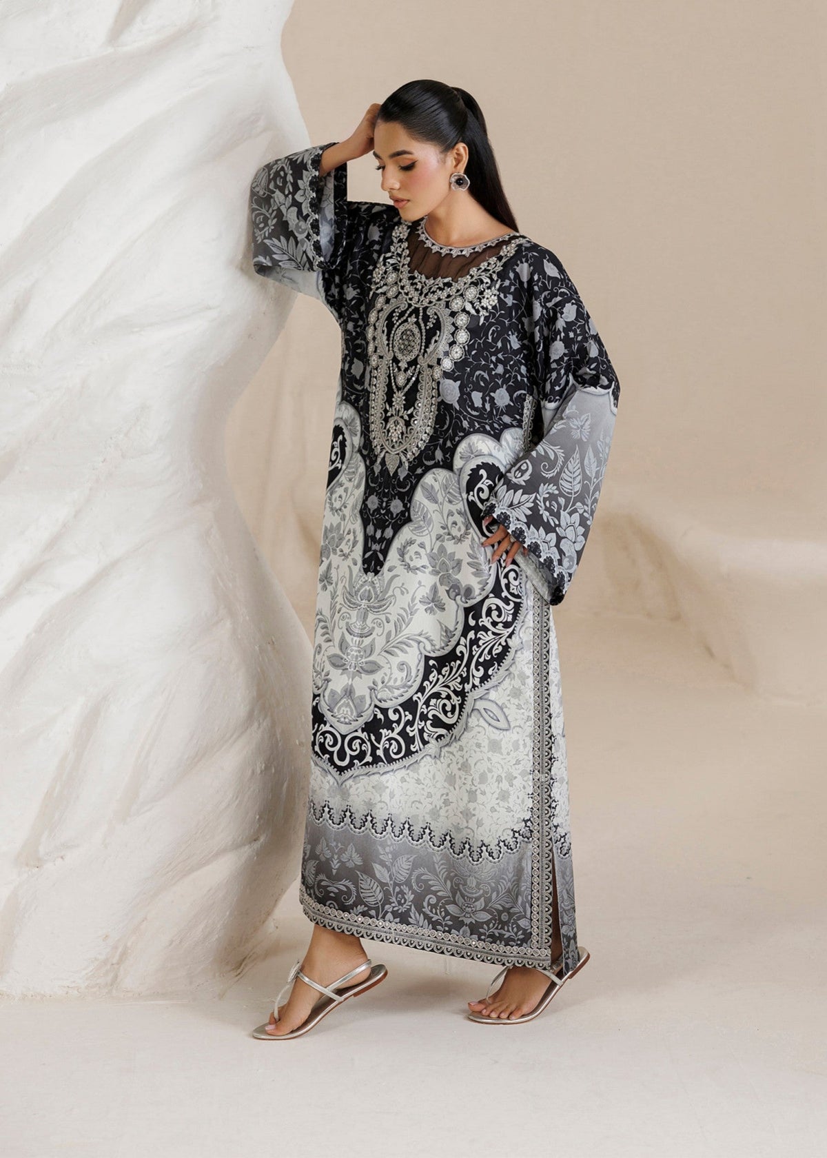 Black White Embroidered Raw Silk Kaftan Gown Online in Dubai UAE Abudhabi Ajman Sharjah