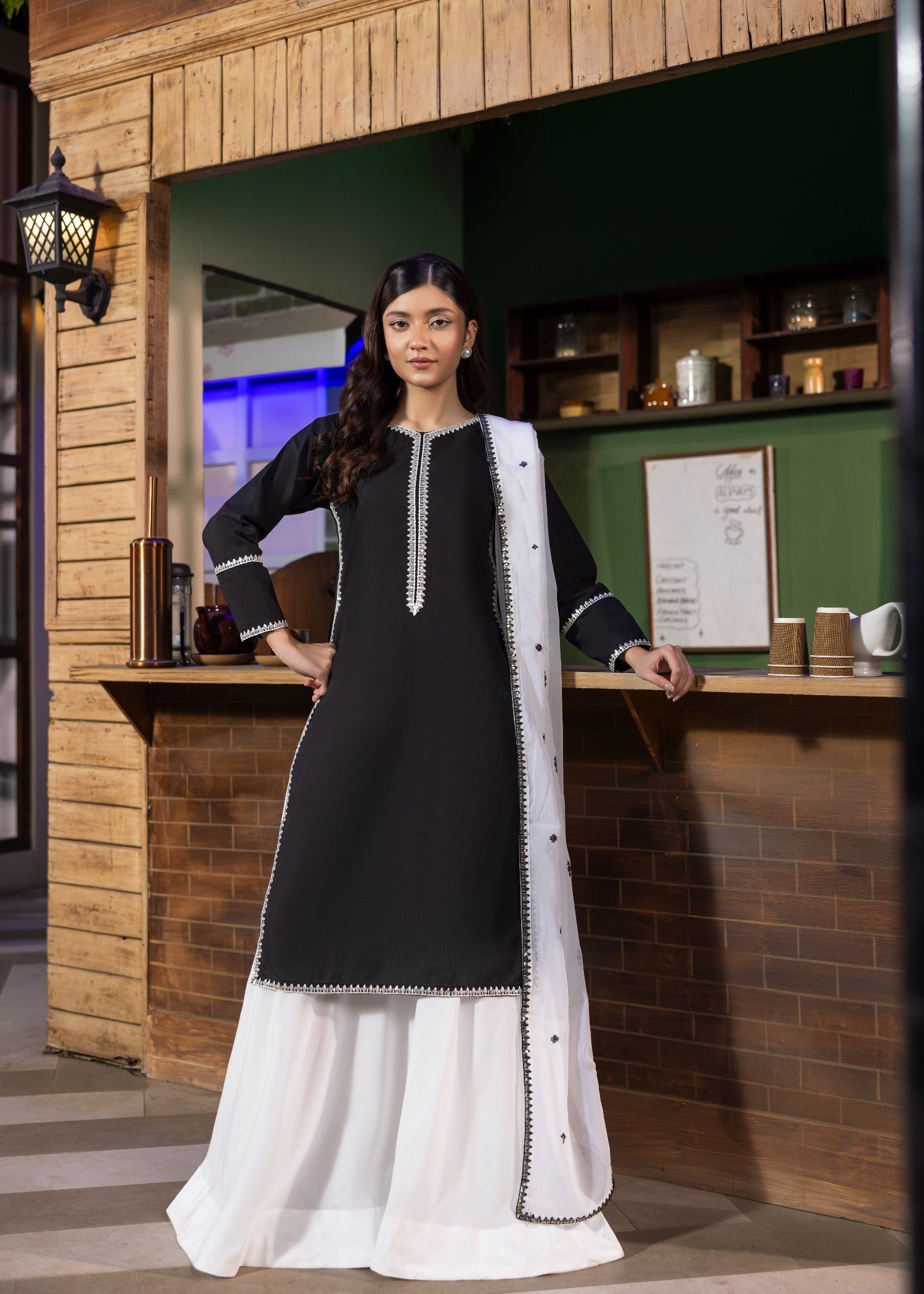 Black White Embroidered Sharara Suit Online in UK USA Canada