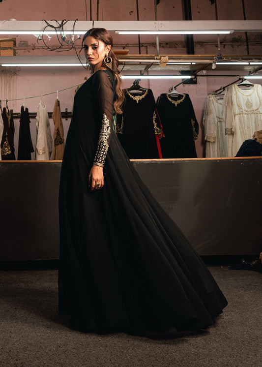 Black Zari Embroidered Chiffon Kurta Set Online in Sri Lanka India Australia