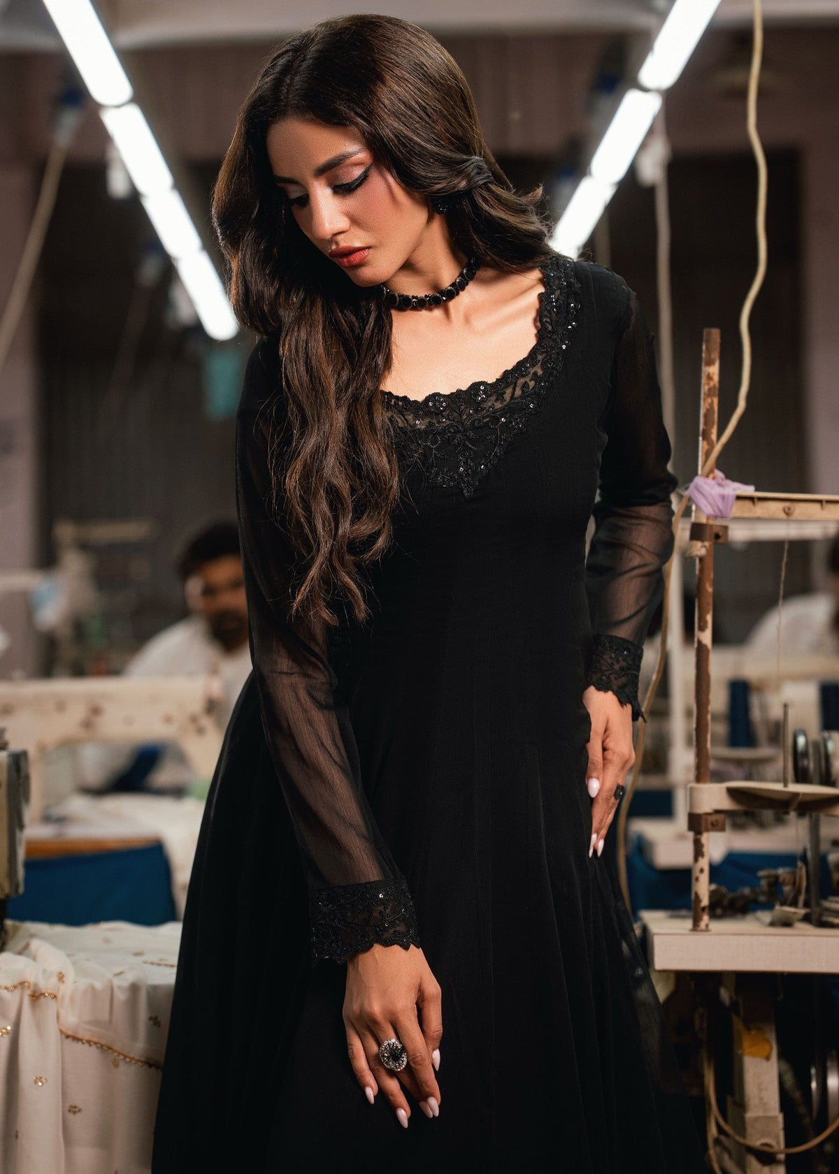 Black Zari Sequins Chiffon Pishwas Suit Online in Sri Lanka India Australia