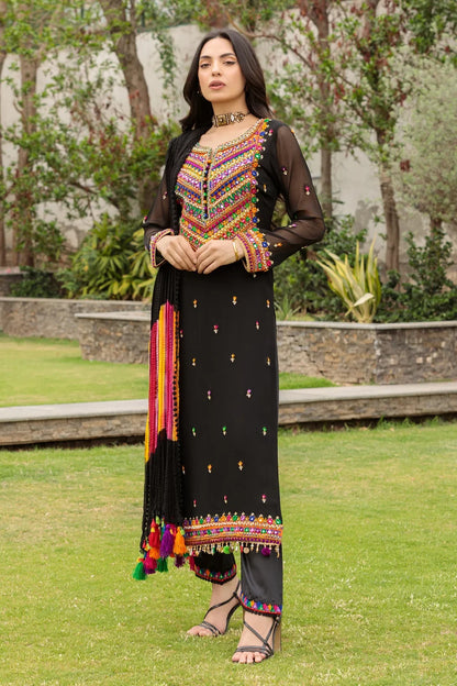 Hand Embroidered Black Pure Chiffon Suit