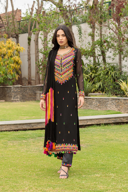 Hand Embroidered Black Pure Chiffon Suit