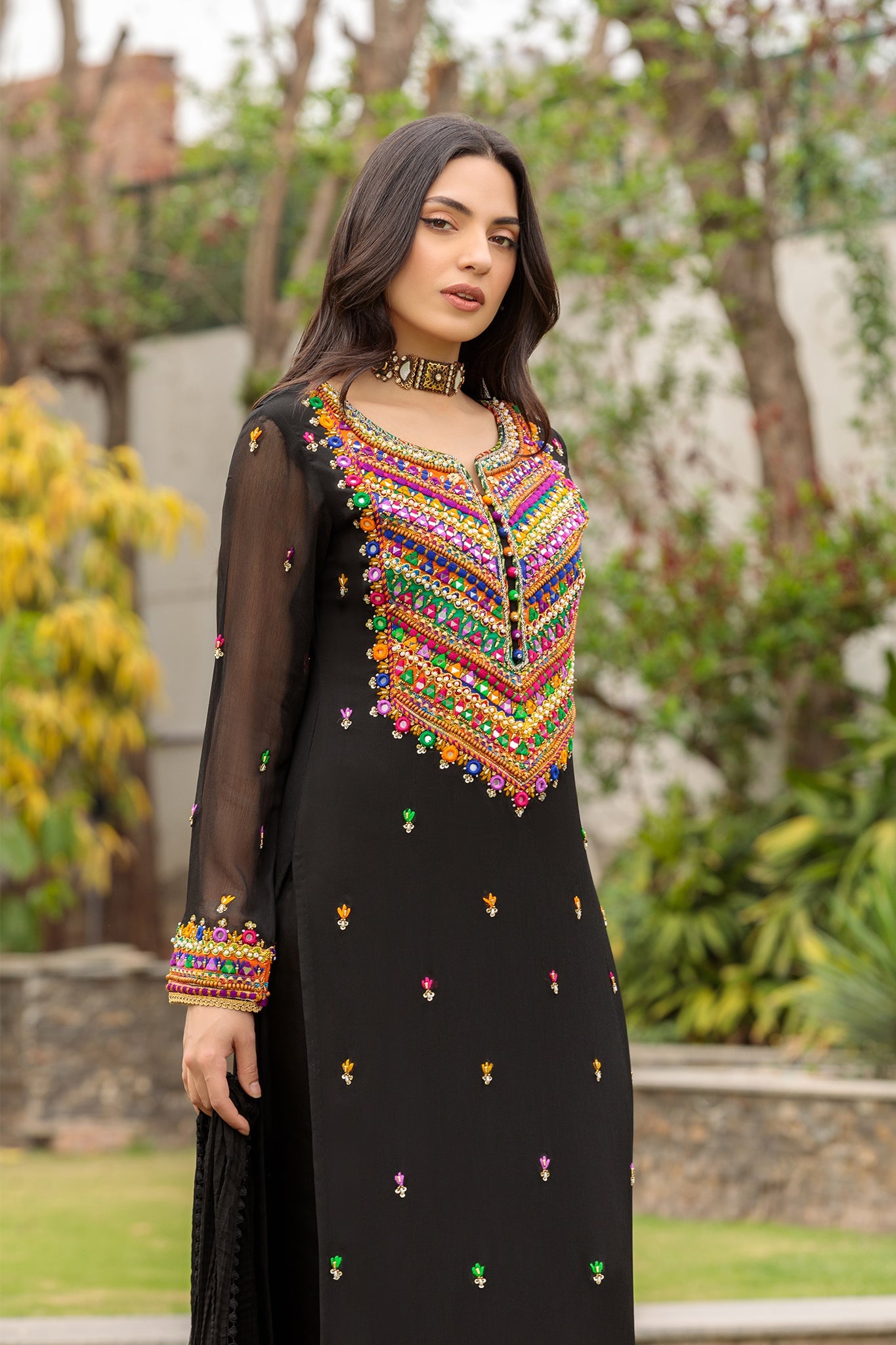 Hand Embroidered Black Pure Chiffon Suit