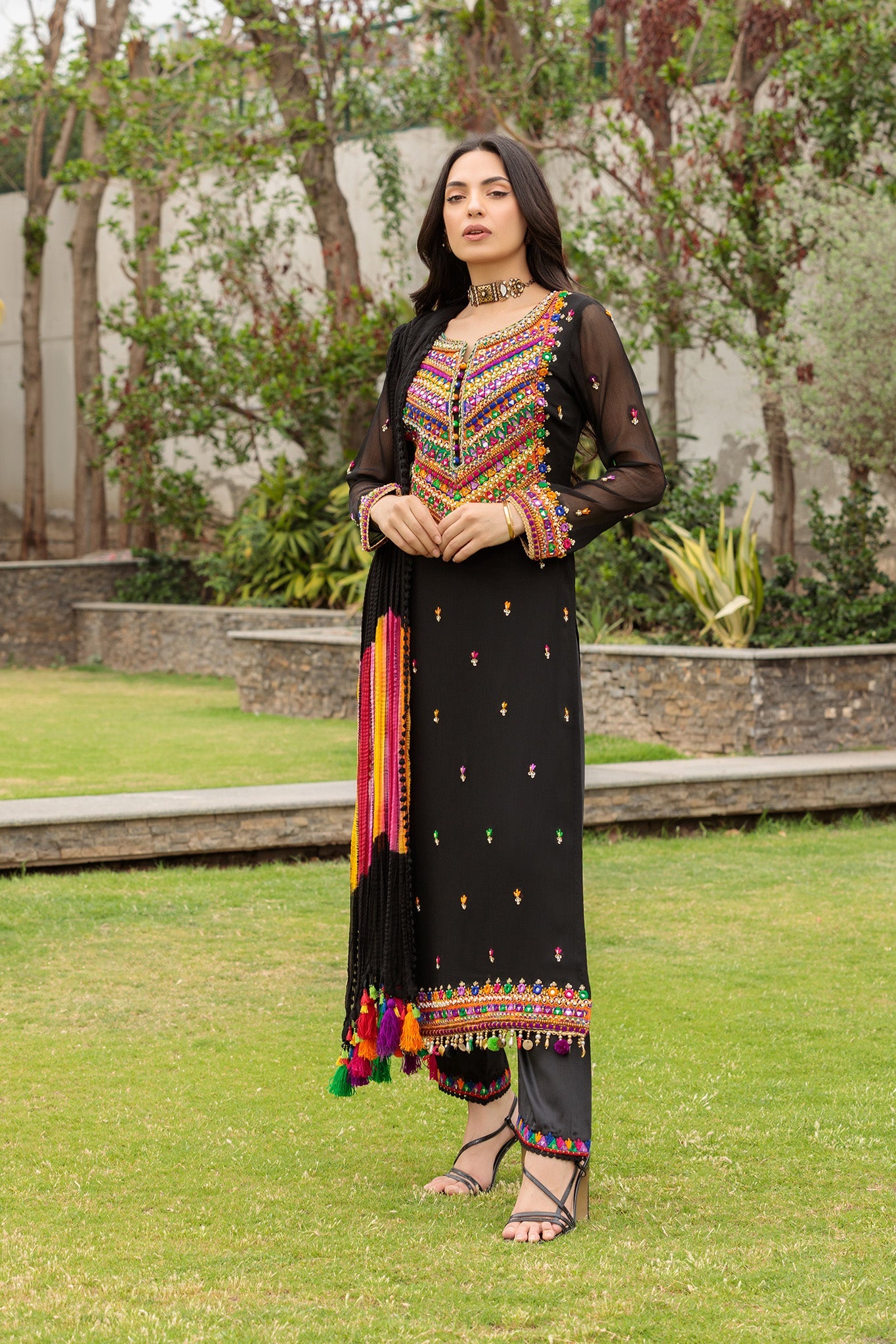 Hand Embroidered Black Pure Chiffon Suit
