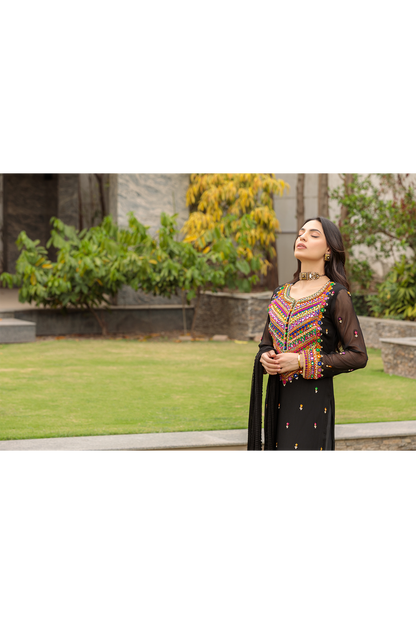 Hand Embroidered Black Pure Chiffon Suit
