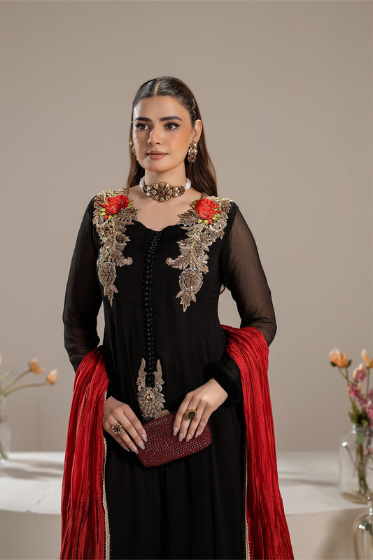 Black Hand Embroidered Pure Chiffon Sharara