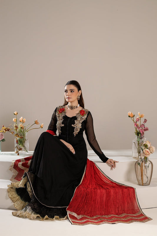 Black Hand Embroidered Pure Chiffon Sharara