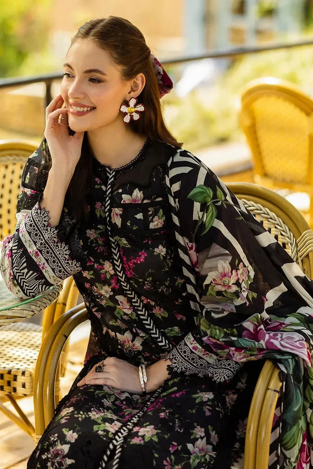 Black Printed Embroidered Lawn Suit with Chiffon Dupatta