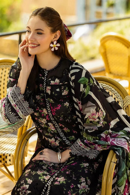 Black Printed Embroidered Lawn Suit with Chiffon Dupatta