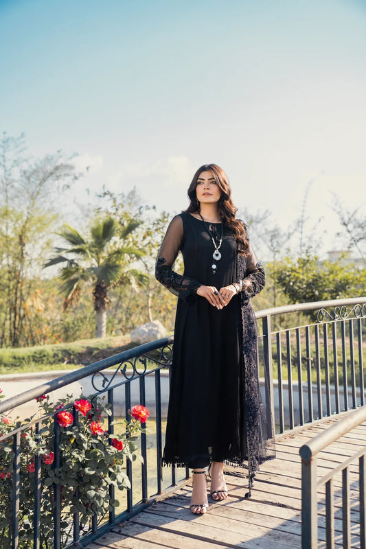 Hand Embroidered Black Chiffon Anarkali