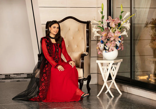 Red & Black Hand Embroidered Pure Chiffon Anarkali