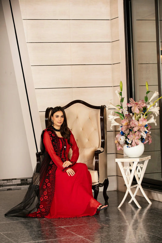 Red & Black Hand Embroidered Pure Chiffon Anarkali