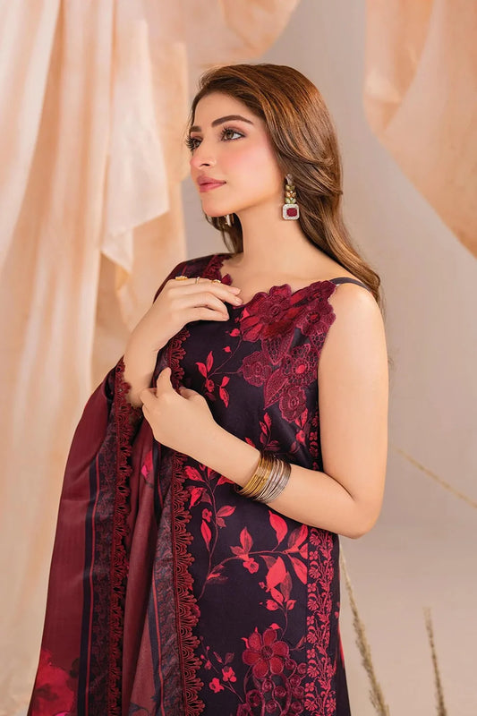 Black & Red Printed Lawn Suit with Chiffon Dupatta