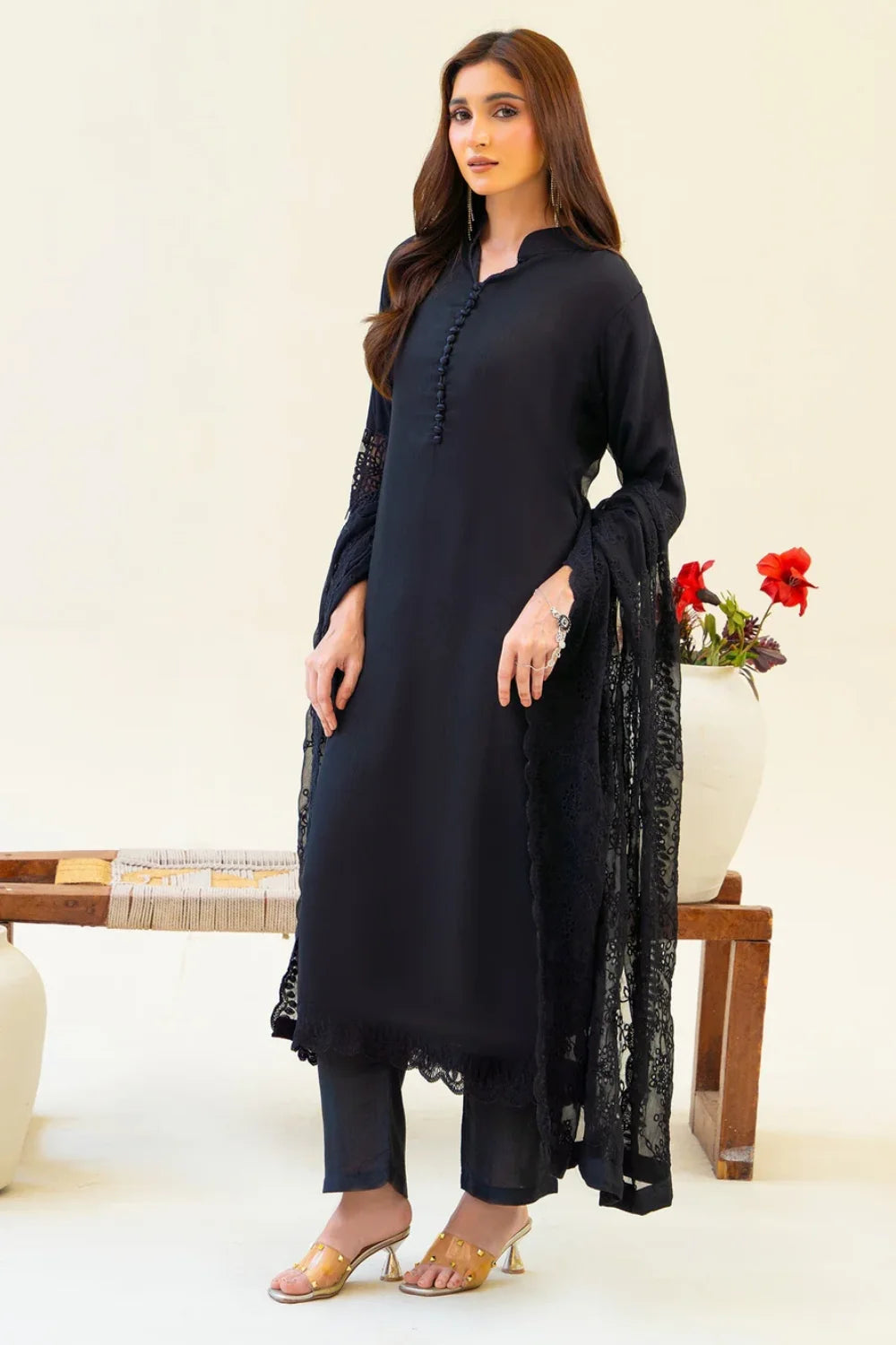 Full Black Chiffon Partywear Suit with Chikankari Embroidered Dupatta