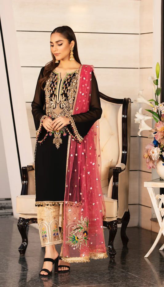 Black Handmade Pure Chiffon Suit