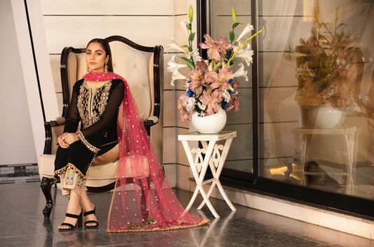 Black Handmade Pure Chiffon Suit