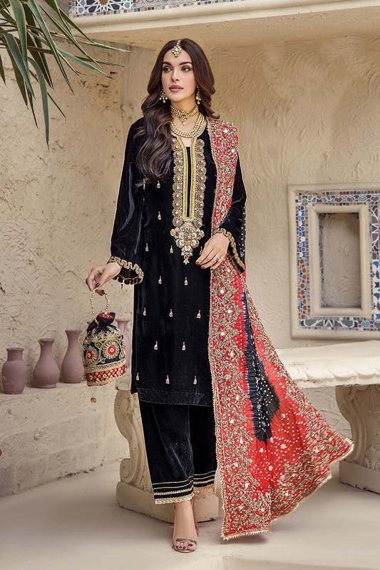 Black Hand Embroidered Crinkle Chiffon Suit