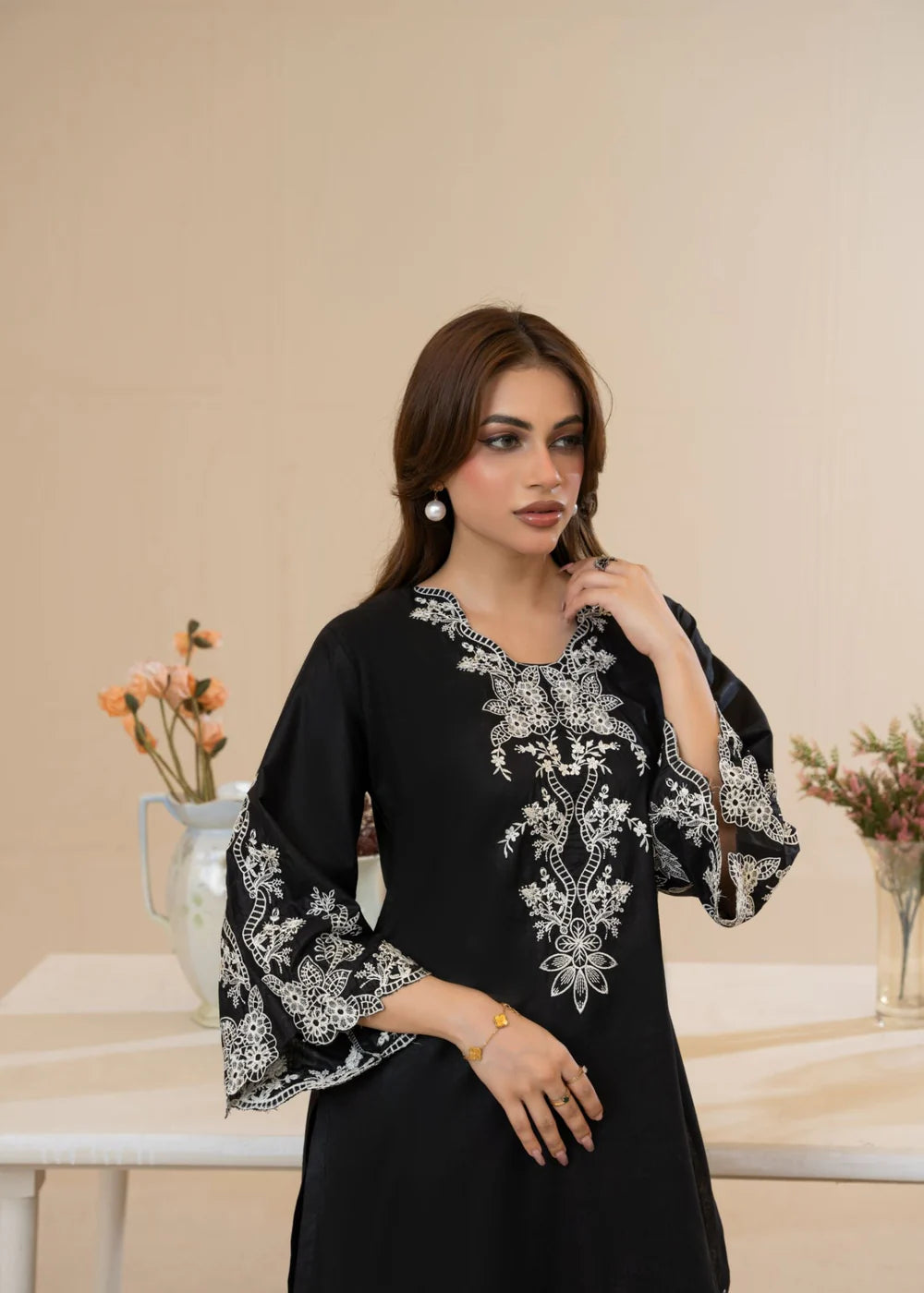 Black Cut Work Embroidered Cotton Kurta Set
