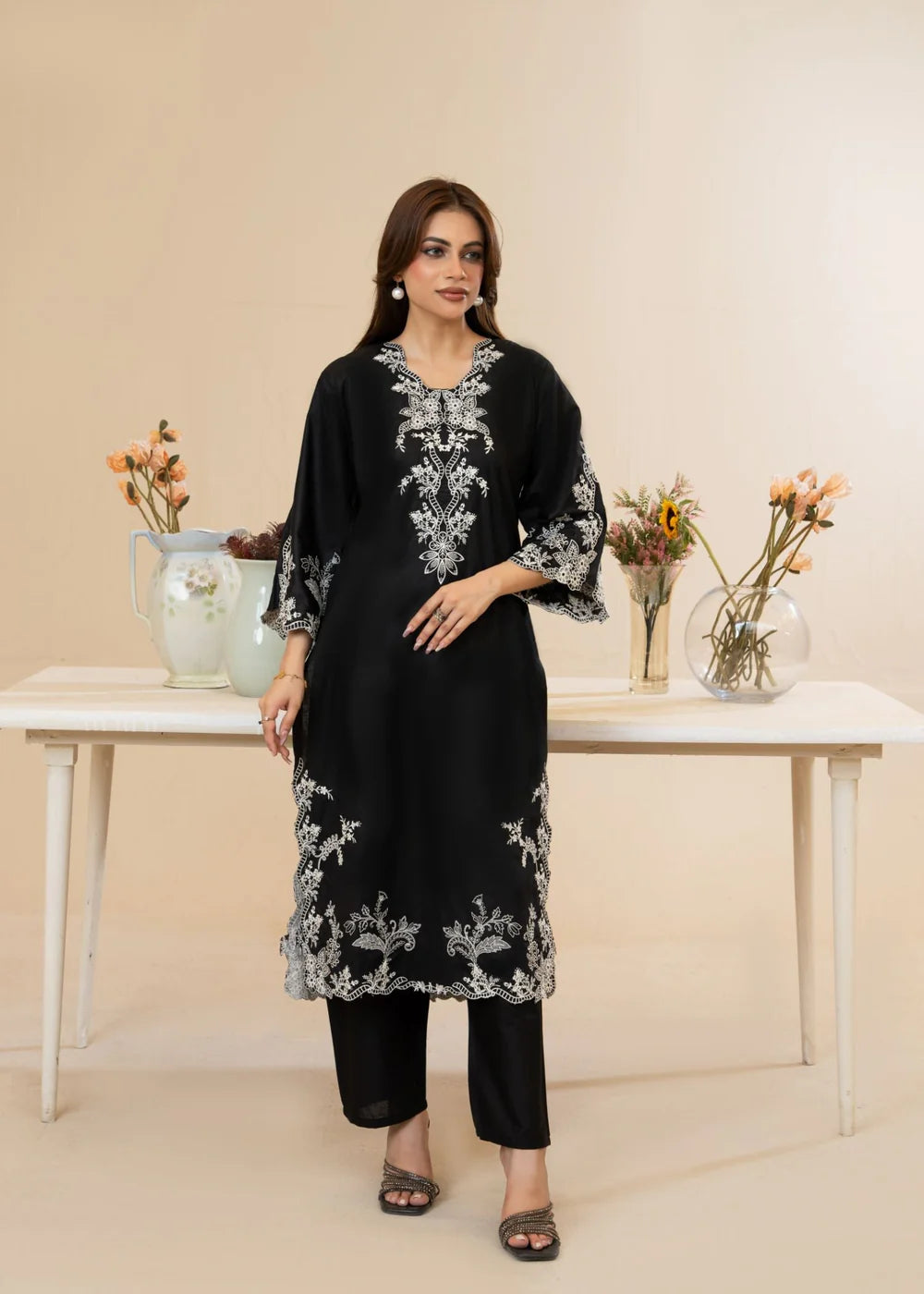 Black Cut Work Embroidered Cotton Kurta Set