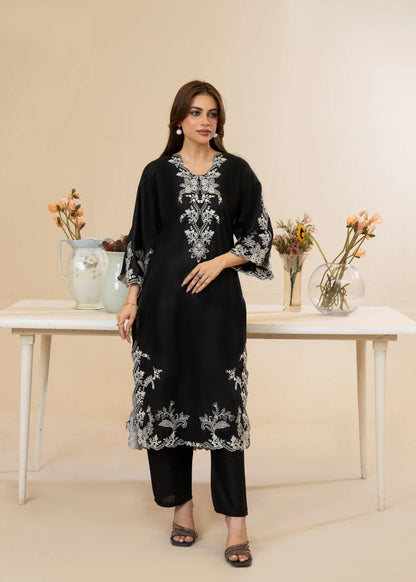 Black Cut Work Embroidered Cotton Kurta Set