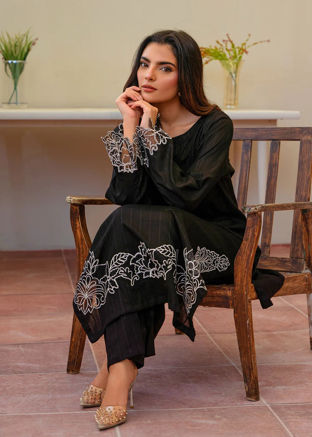 Black Cotton Long Kurta Set