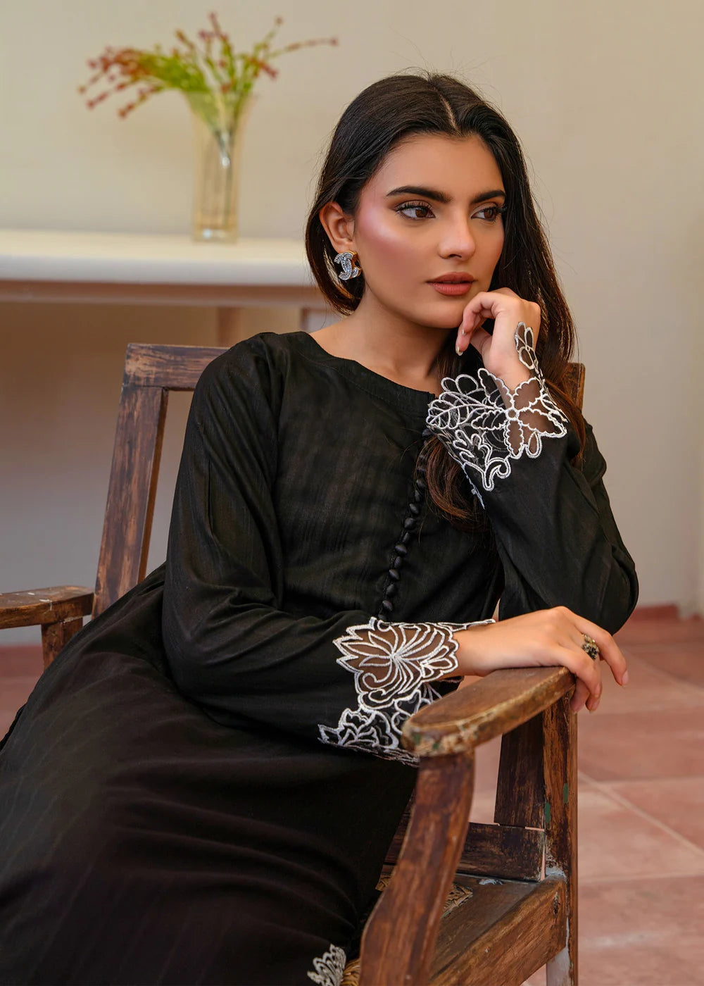 Black Cotton Long Kurta Set