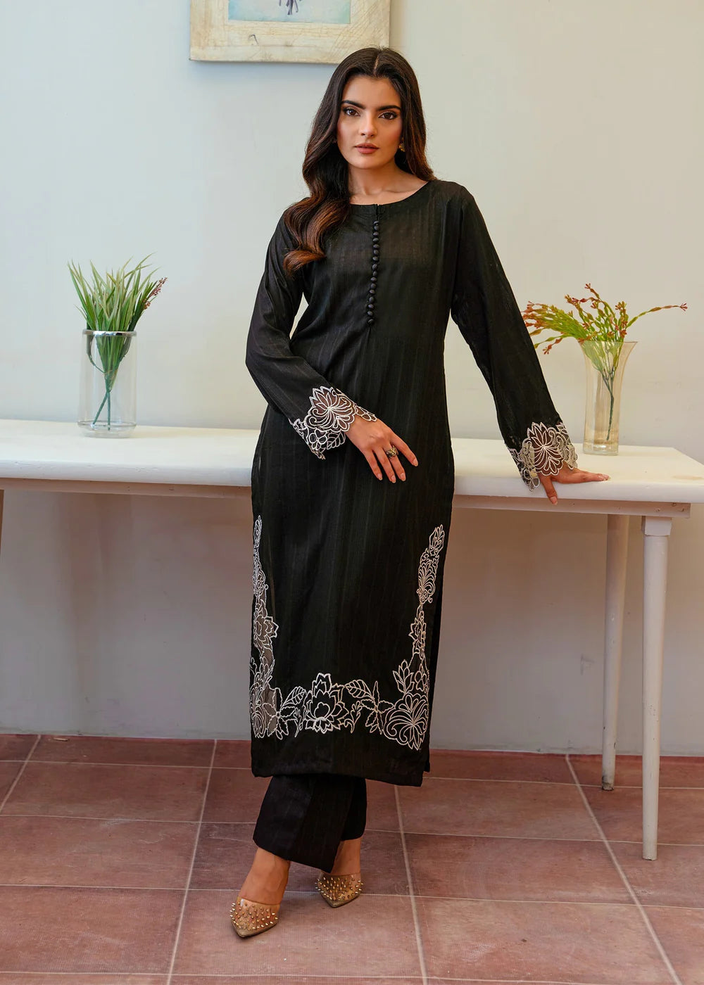 Black Cotton Long Kurta Set