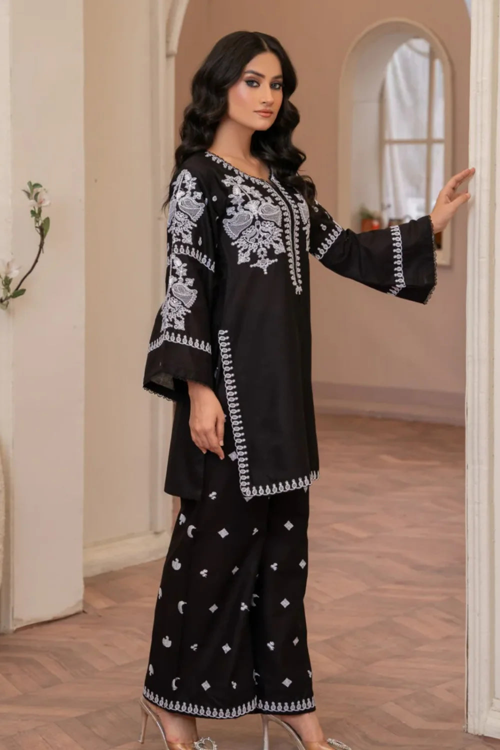 Black Cotton Embroidered Kurta Set