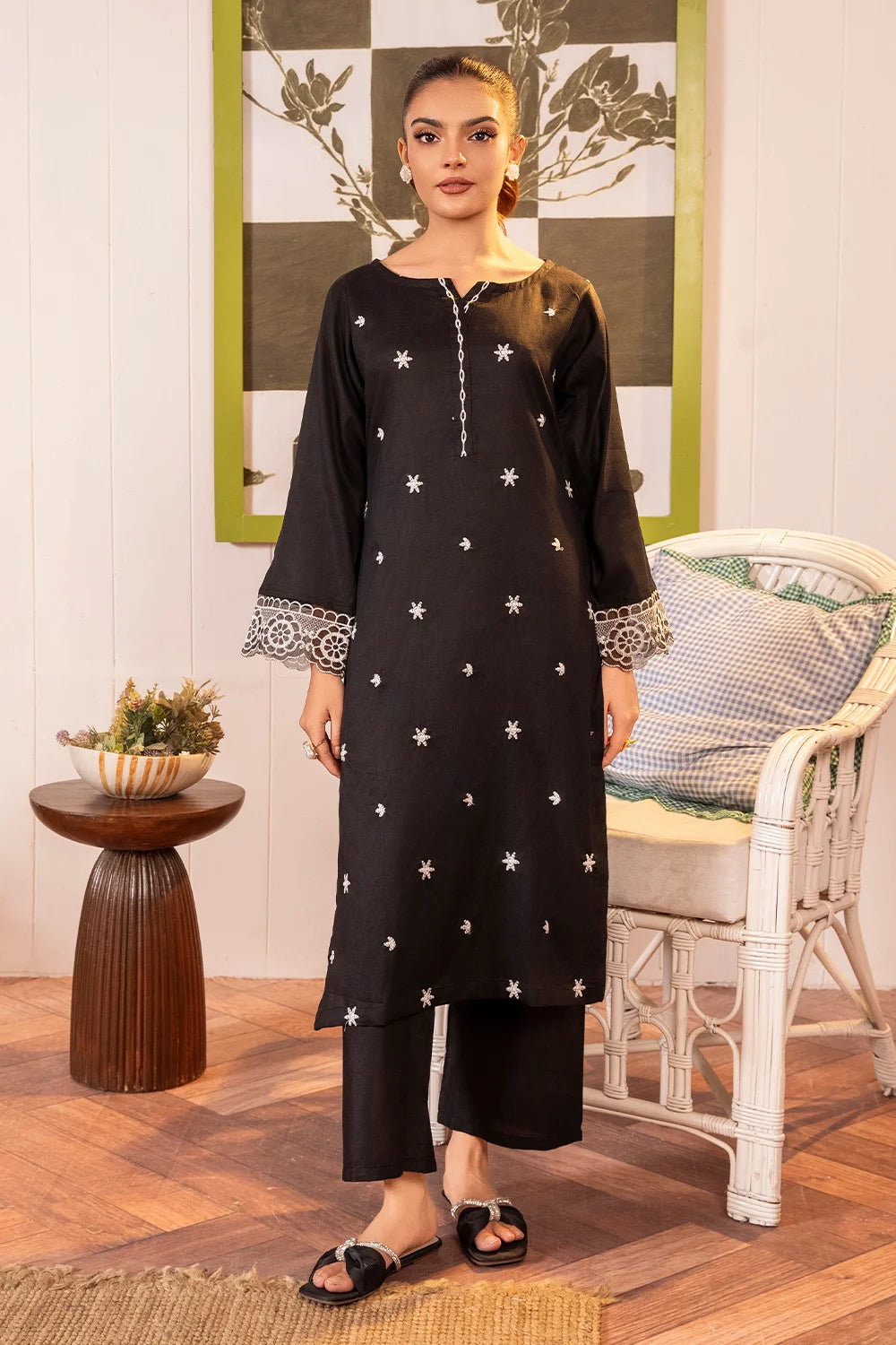 Black Embroidered Cotton Kurta Set