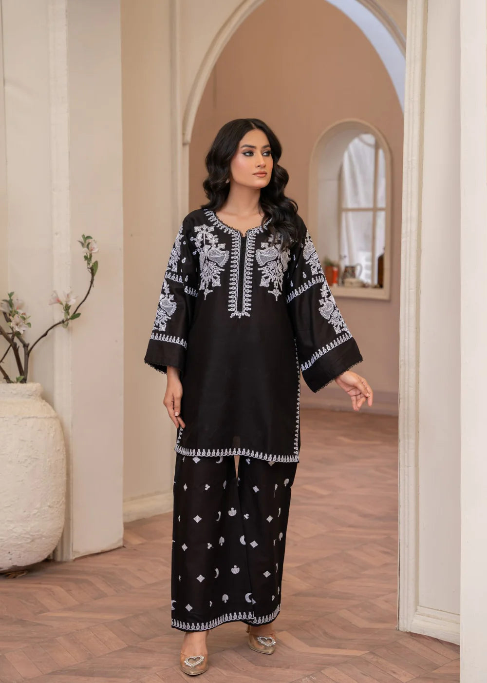 Black Cotton Embroidered Kurta Set