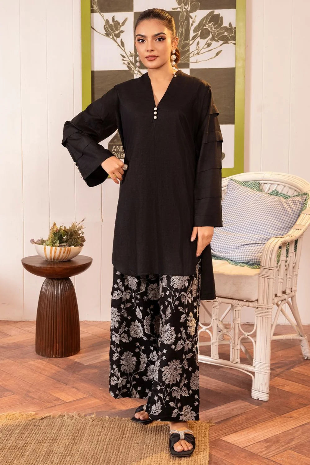 Black Embroidered Cotton Kurta Set