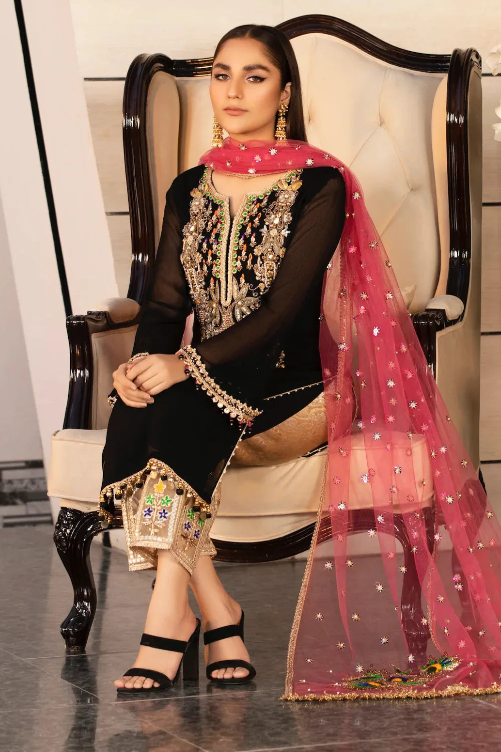 Black Handmade Pure Chiffon Suit