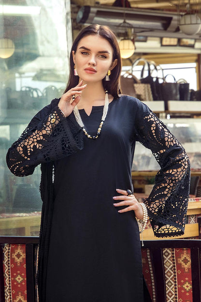 Black Readymade Pure Cotton Suit with Cut-Work Sleeves