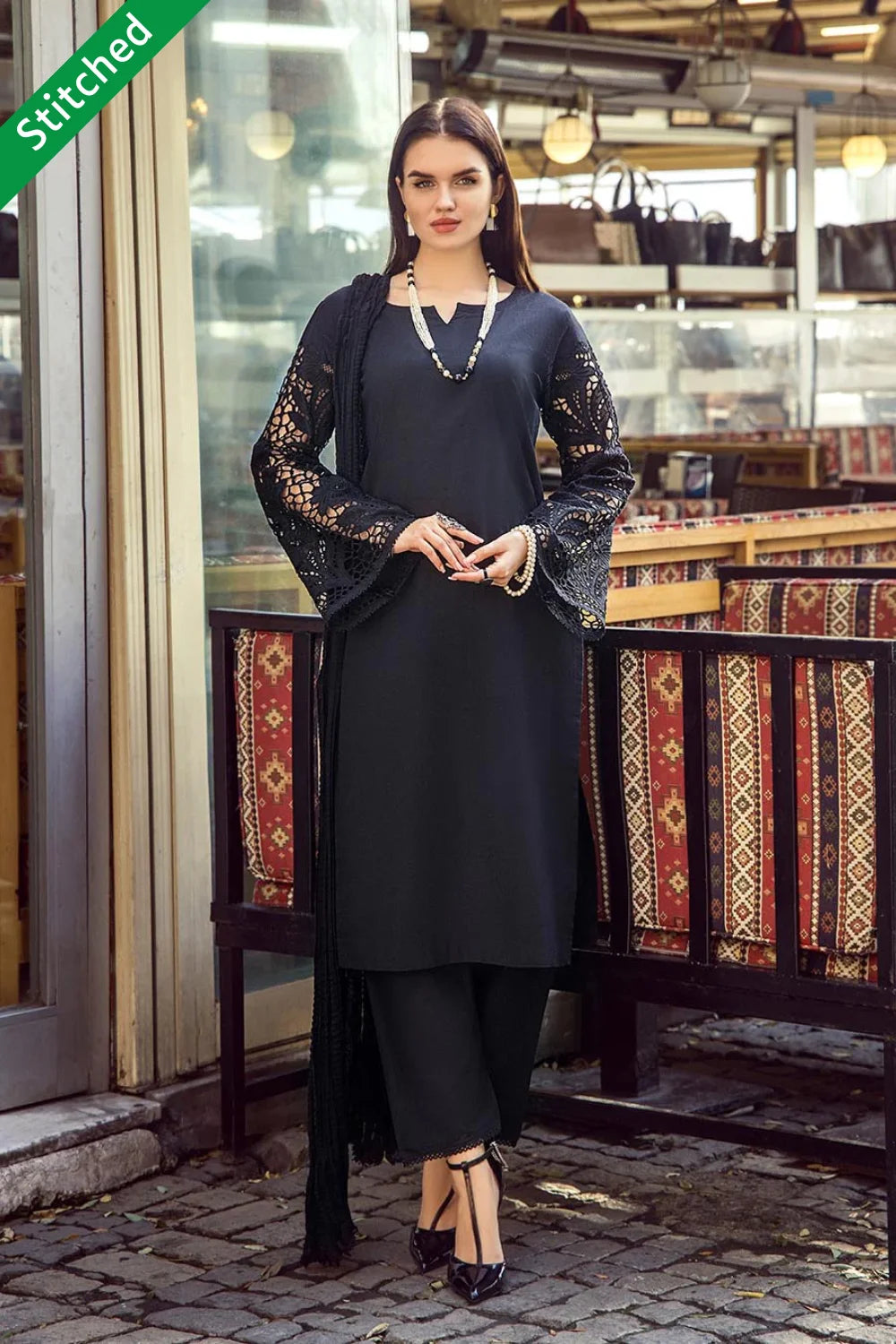 Black Readymade Pure Cotton Suit with Cut-Work Sleeves