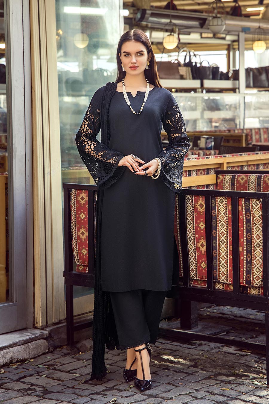 Black Readymade Pure Cotton Suit with Cut-Work Sleeves