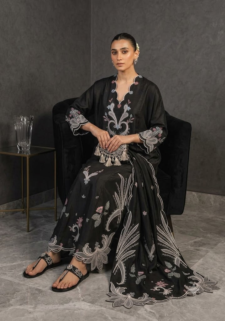Black Sheesha Silk Embroidered Kaftan with Boring Cutwork Details
